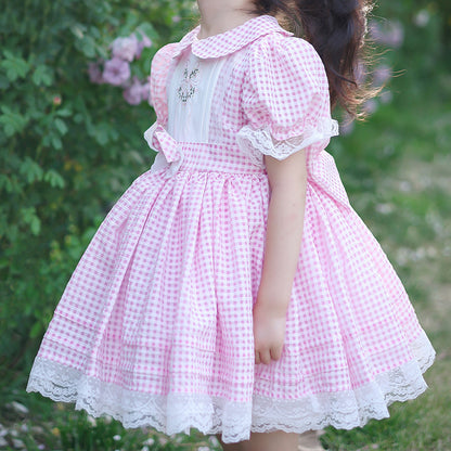 Pink Gingham Embroidered Dress,2T to 7T.