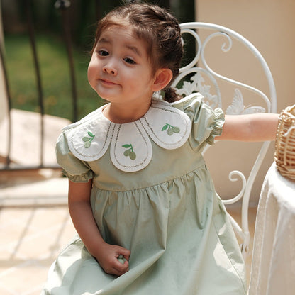 Light Green Embroidered Petal Collar Dress,12M to 6T.