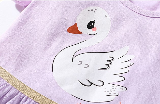 Cute Swan Printed Casual Play Dress,2T to 7T.