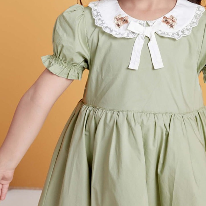 Cute Peter Pan Collar Dress With Embroidery,Green/Purple,12M to 5T.