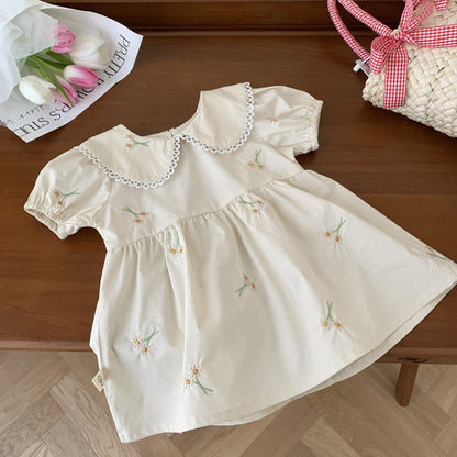 Cute Peter Pan Collar Embroidered Dress,Apricot/Green,12M to 6T.