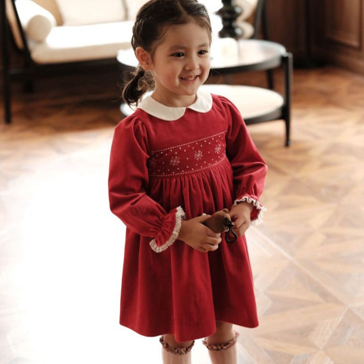 Full Sleeves Gold Red Twirling Dress,12M to 7T.