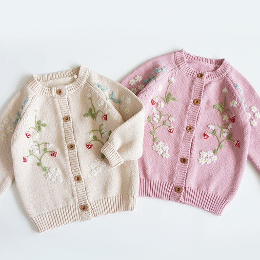 Hand Embroidered Cardigan,Pink/Beige,2T to 6T