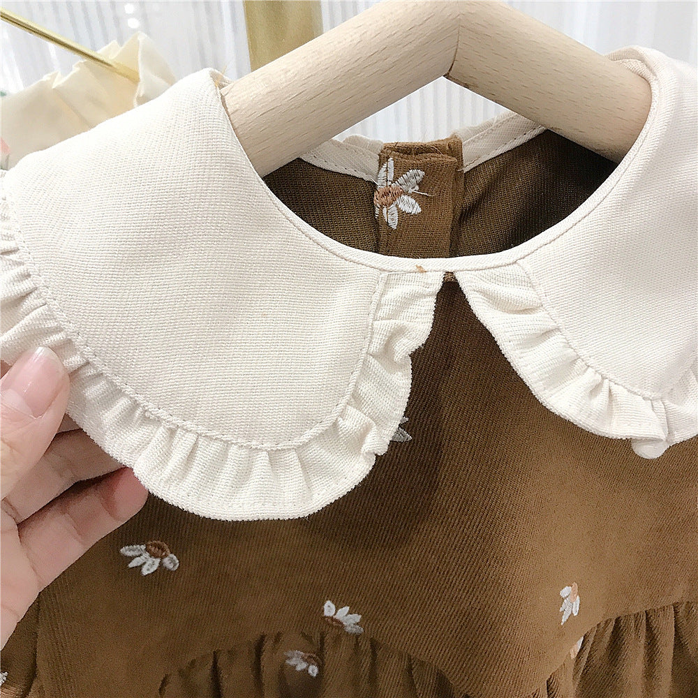 Brown Cotton Long-Sleeve Girls Dress, 2T–7T