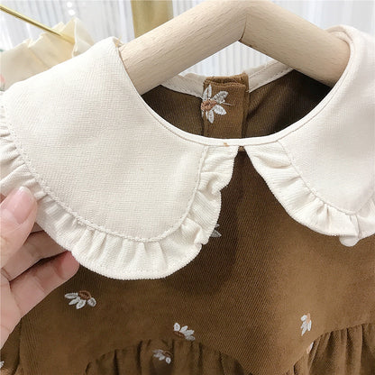 Brown Cotton Long-Sleeve Girls Dress, 2T–7T