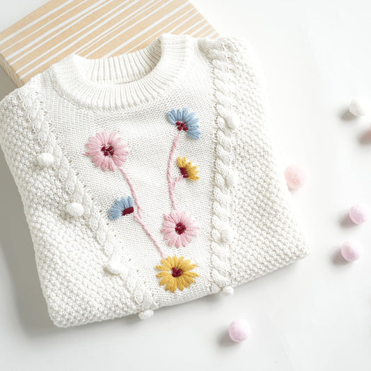 White Hand Embroidered Pullover Sweater,2T to 6T.