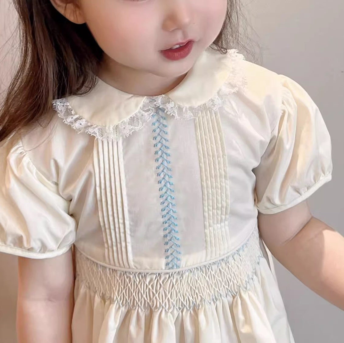 Beige Hand Smocked & Embroidered Dress,2T to 7T.