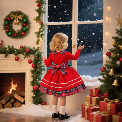 Festive Plaid Holiday Dress with Green Bows (Sizes 6M–3T)