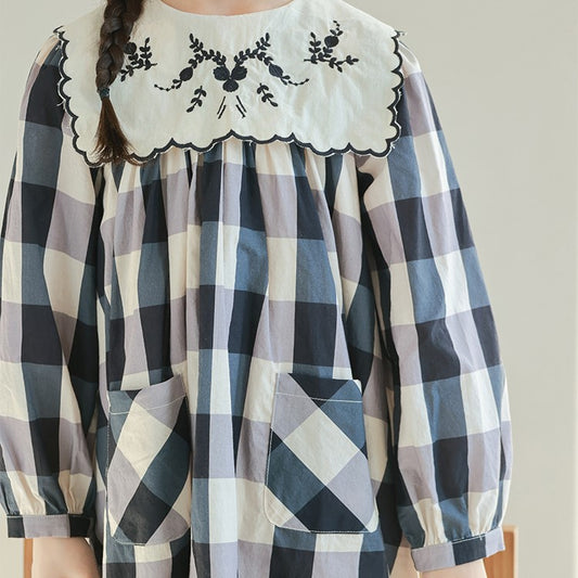 Vintage-Inspired Gingham Dress with Embroidered Collar,12M to 7T