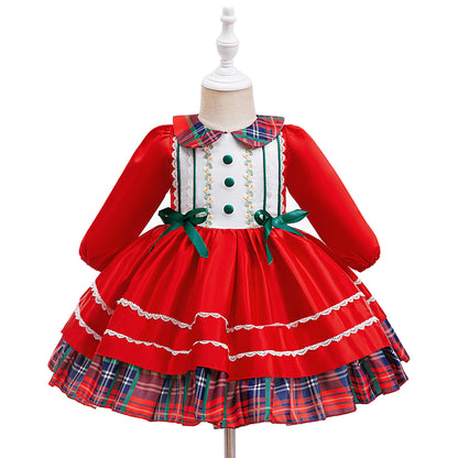 Festive Plaid Holiday Dress with Green Bows (Sizes 6M–3T)