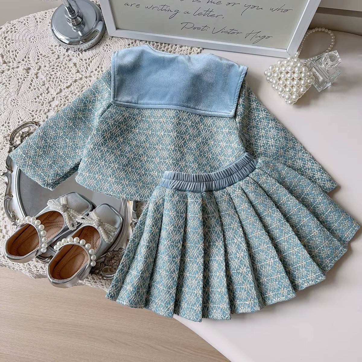 Chic Blue Tweed Coat Set for Girls,2T–7T