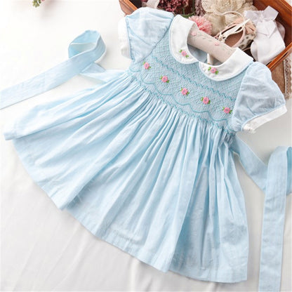 Beautiful Hand Smocked Dress,Pink/Sky Blue,12M to 6T.