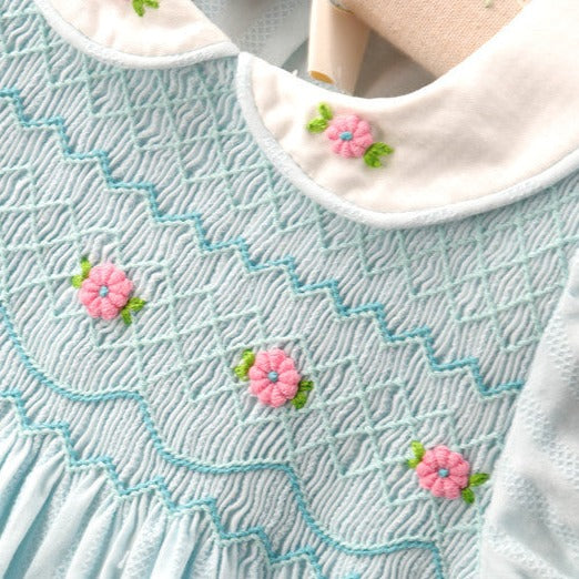 Beautiful Hand Smocked Dress,Pink/Sky Blue,12M to 6T.