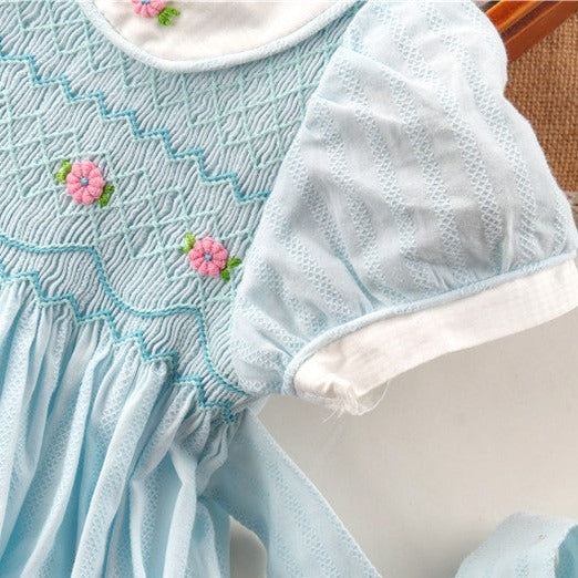 Beautiful Hand Smocked Dress,Pink/Sky Blue,12M to 6T.