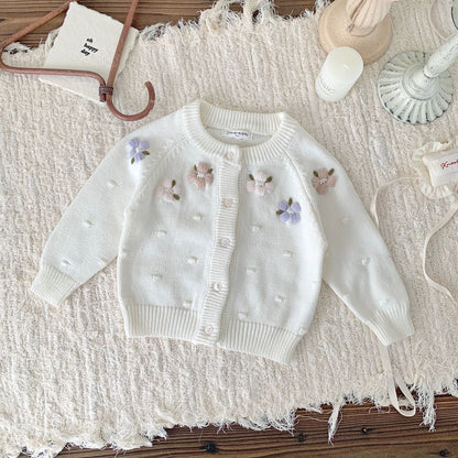 Embroidered Flower Baby Cardigan ,Lilac/Cream,6M to 4T