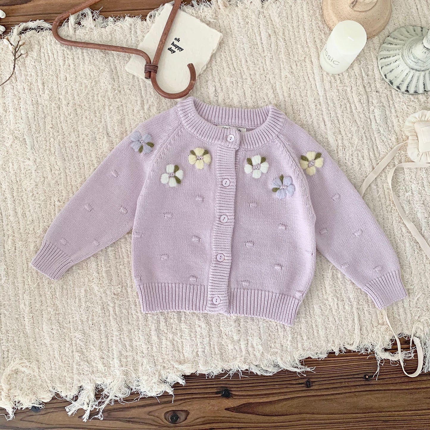 Embroidered Flower Baby Cardigan ,Lilac/Cream,6M to 4T