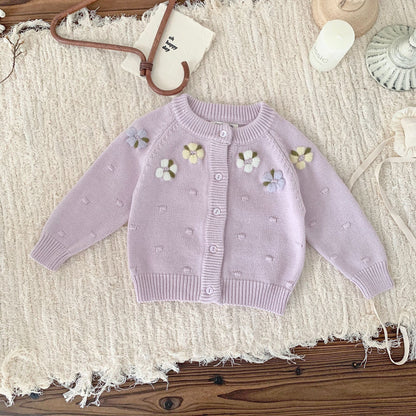 Embroidered Flower Baby Cardigan ,Lilac/Cream,6M to 4T