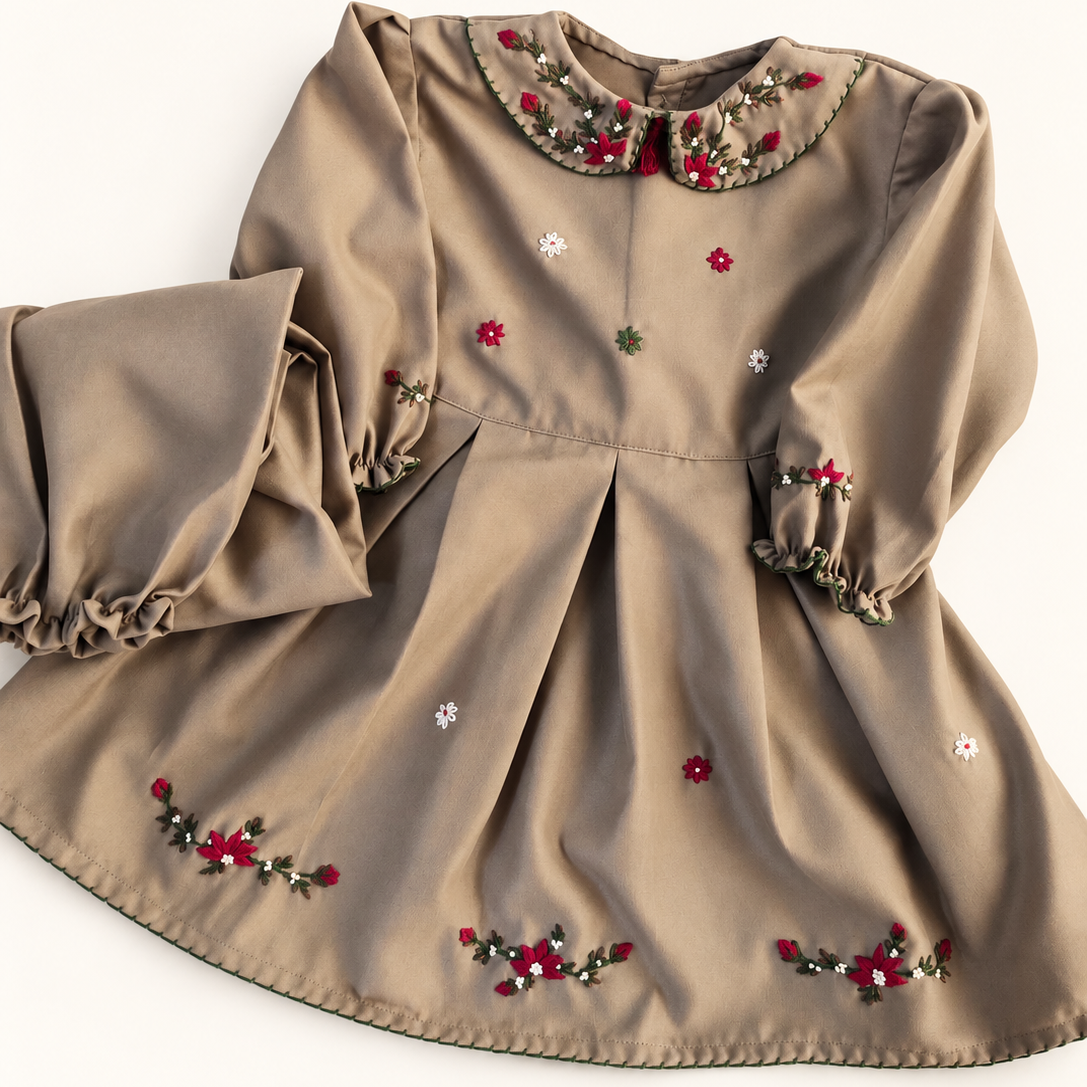 Taupe hand embroidered suede corduroy girls dress with floral collar and pleated skirt
