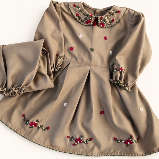 Taupe hand embroidered suede corduroy girls dress with floral collar and pleated skirt