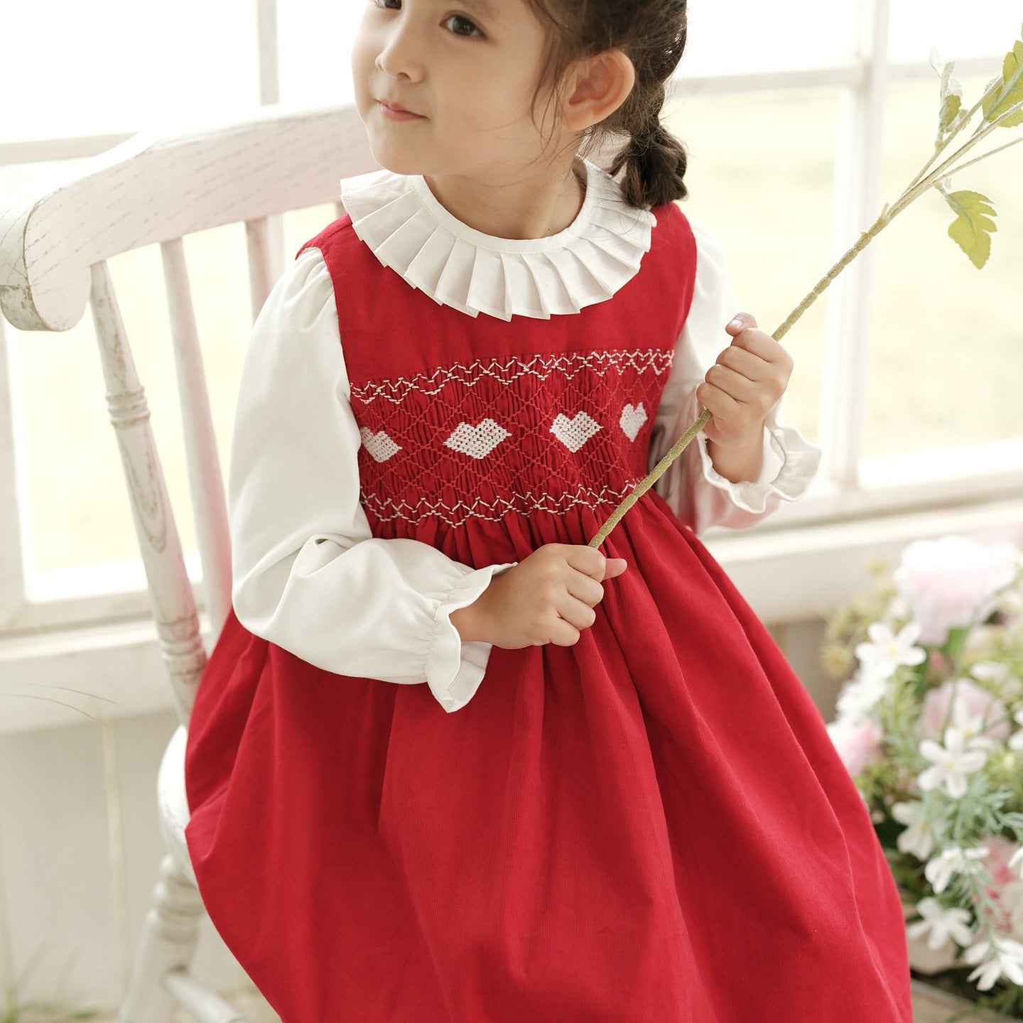 Hand-Smocked Red Dress with White Shirt,12M to 6T