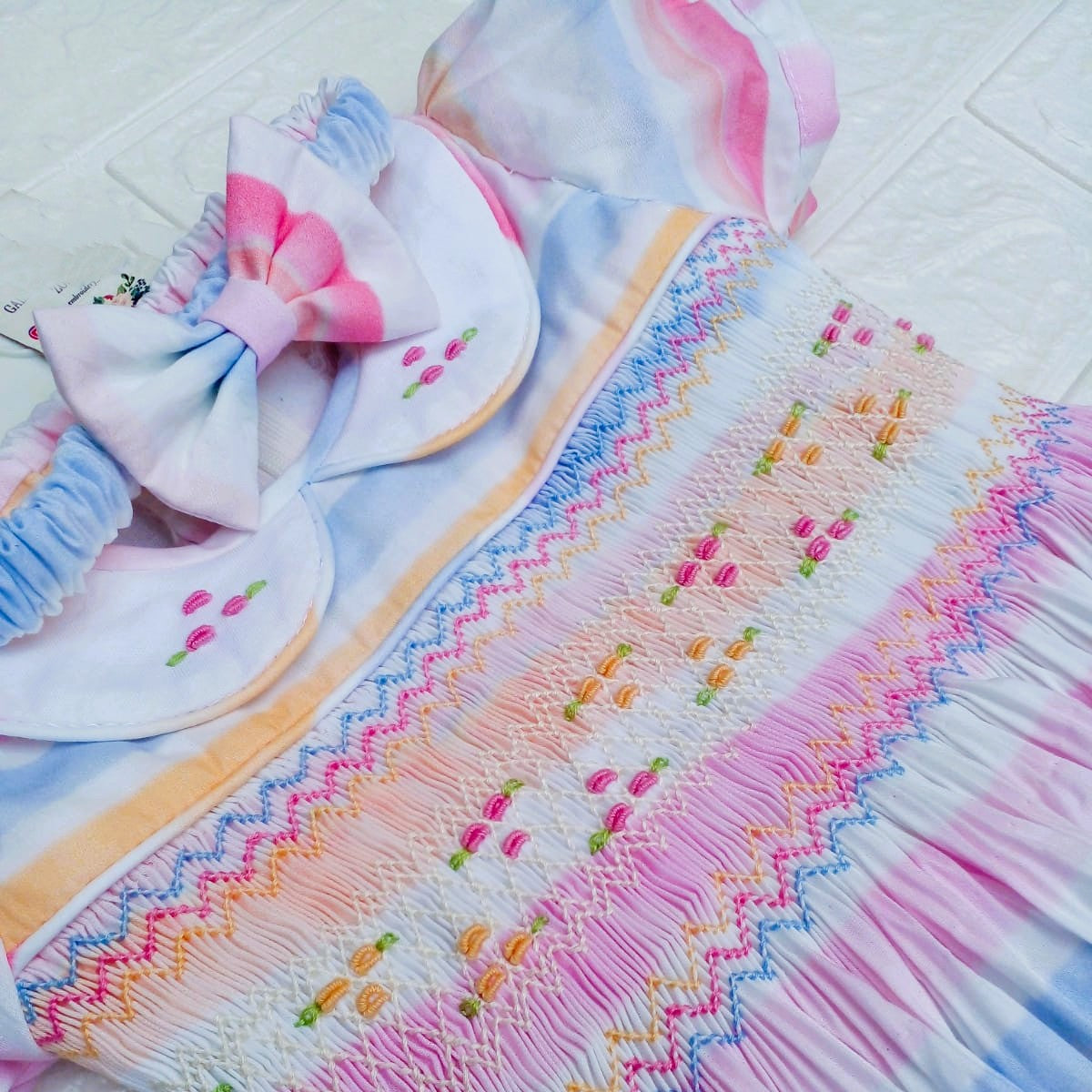 Pastel Rainbow Hand Smocked Dress with Matching Bow,6M - 8T