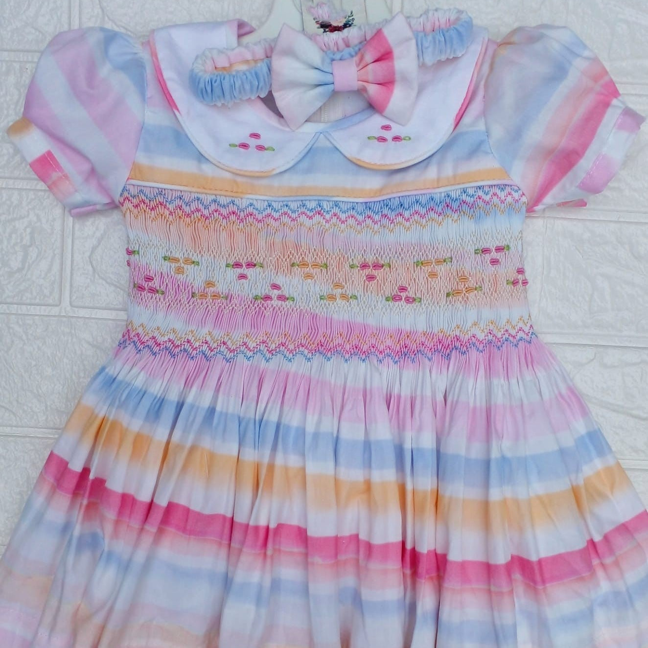 Pastel Rainbow Hand Smocked Dress with Matching Bow,6M - 8T