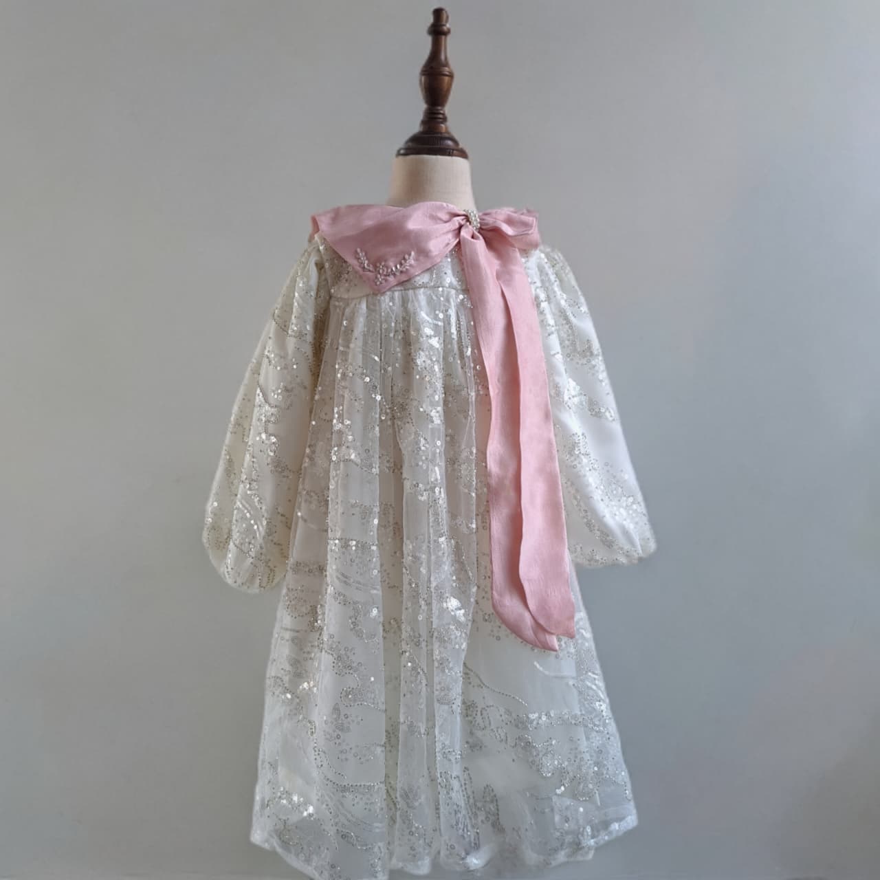 Hand Embellished Net Dress with Pink Bow,6M-8T