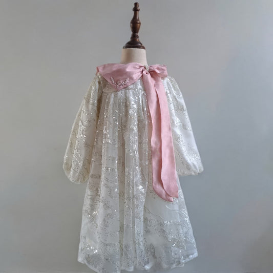 Hand Embellished Net Dress with Pink Bow,6M-8T