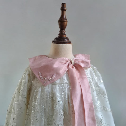 Hand Embellished Net Dress with Pink Bow,6M-8T