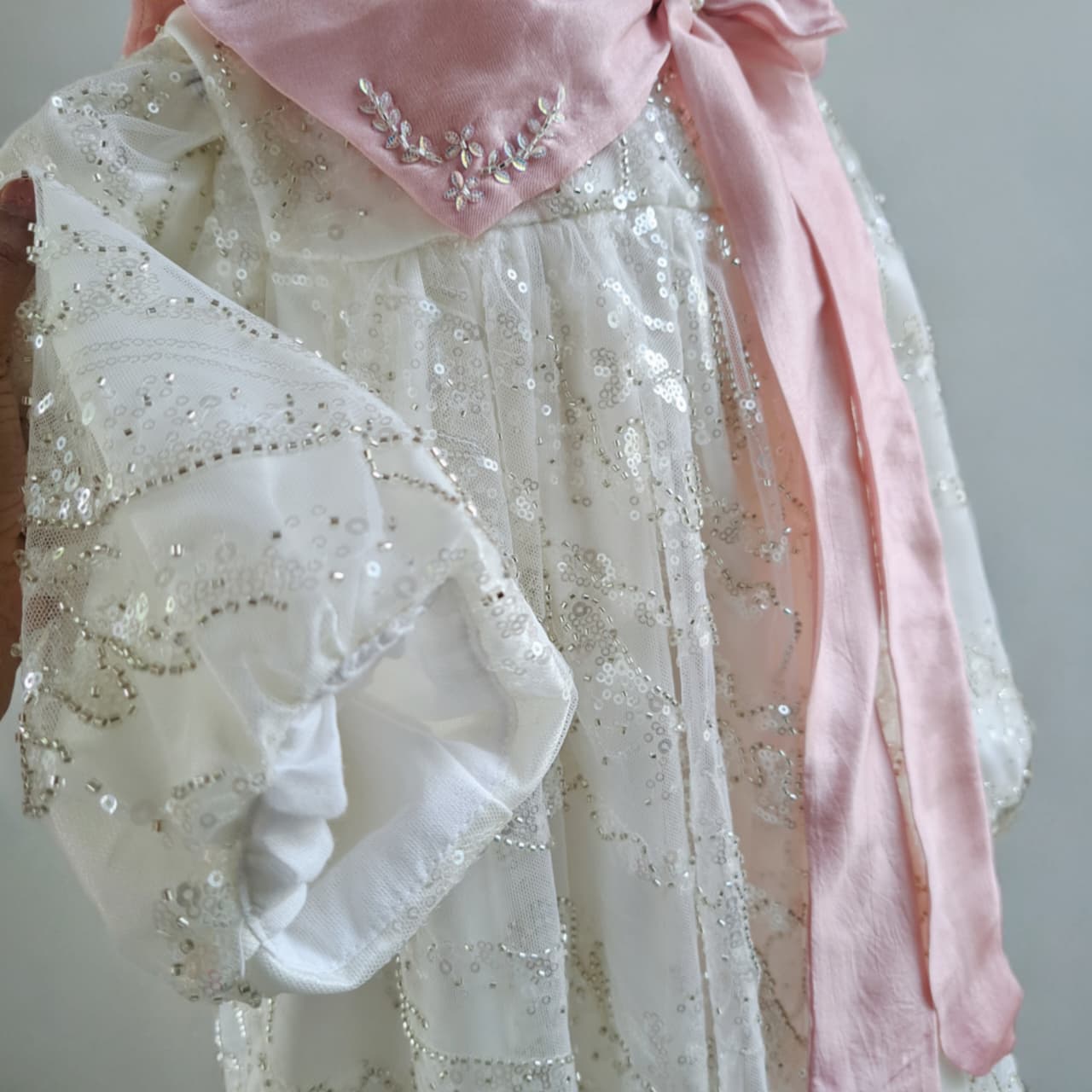Hand Embellished Net Dress with Pink Bow,6M-8T