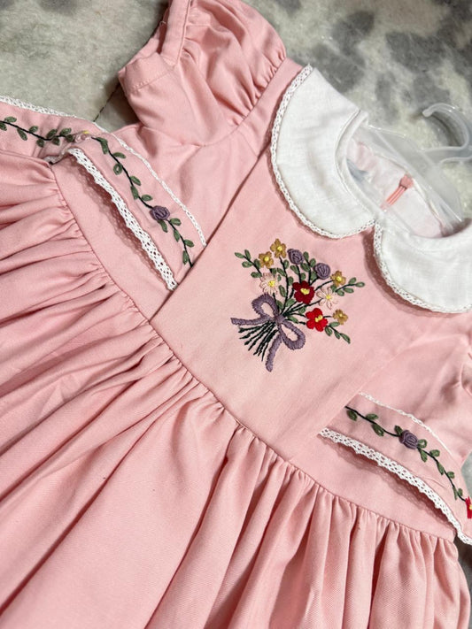 Hand Embroidered Bouquet Dress with Embroidered Sash,12M to 10T