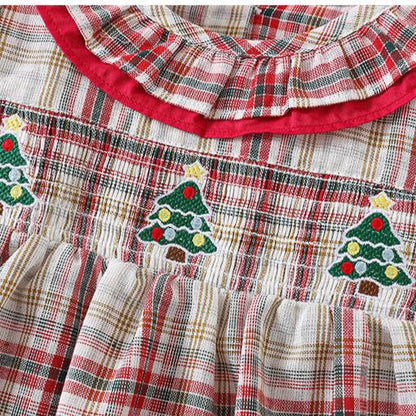 Festive Plaid Christmas Embroidered Dress,12M to 5T