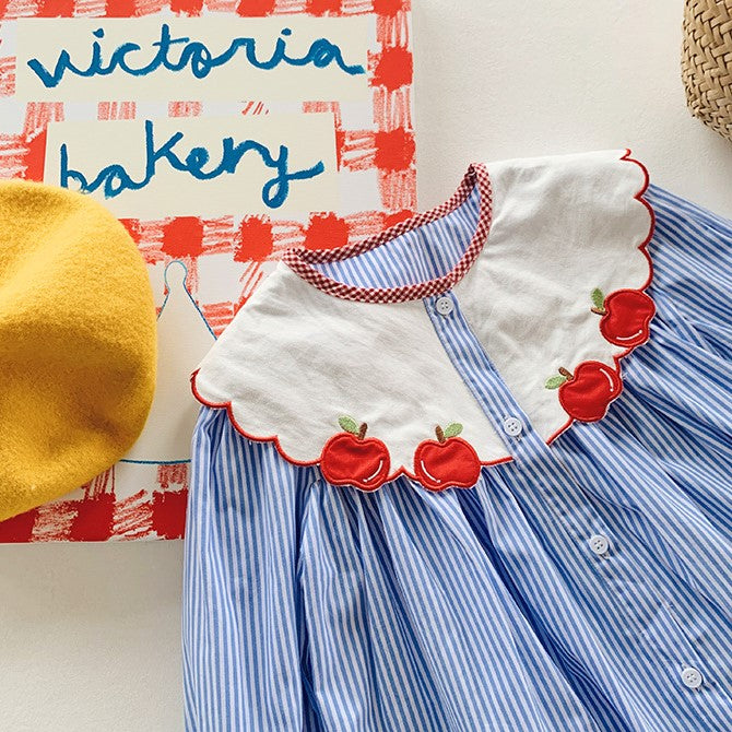 Blue Stripped Apple Applique Dress,2T to 7T.