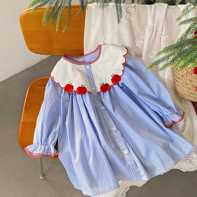 Blue Stripped Apple Applique Dress,2T to 7T.