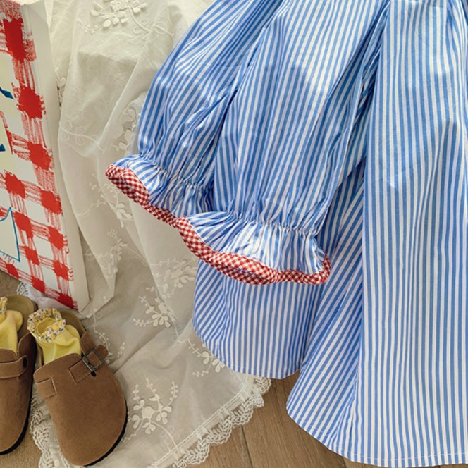 Blue Stripped Apple Applique Dress,2T to 7T.