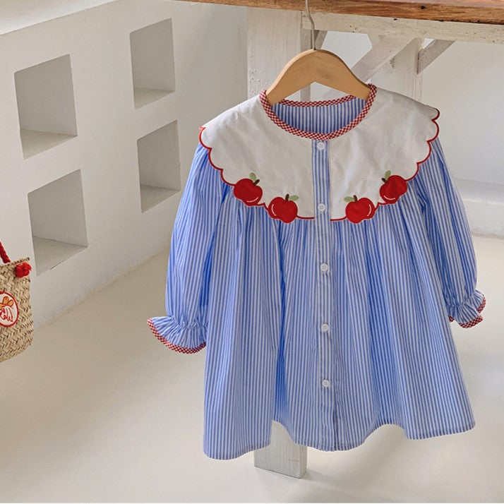 Blue Stripped Apple Applique Dress,2T to 7T.