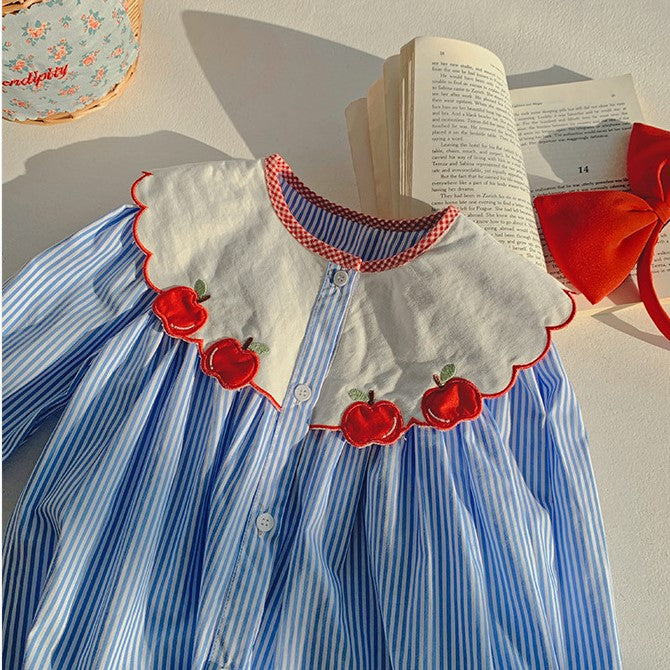 Blue Stripped Apple Applique Dress,2T to 7T.