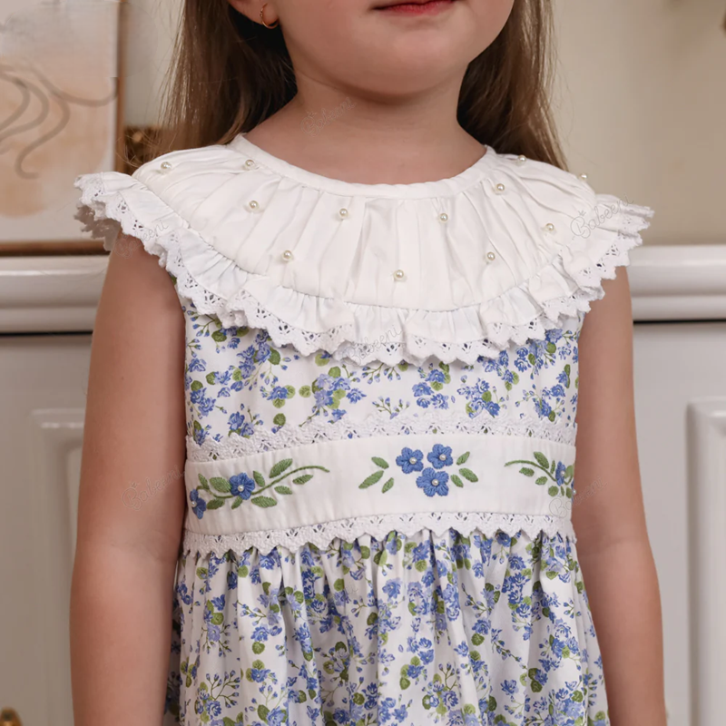 Floral Cotton Dress with Pearl Detailing & Embroidery (3M–8T)