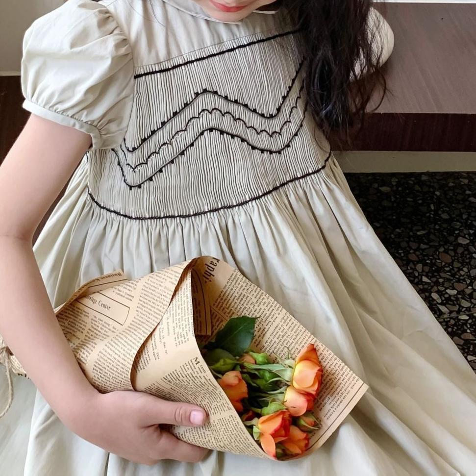 Hand-Smocked Beige Dress with Elegant Embroidery,3T-10T