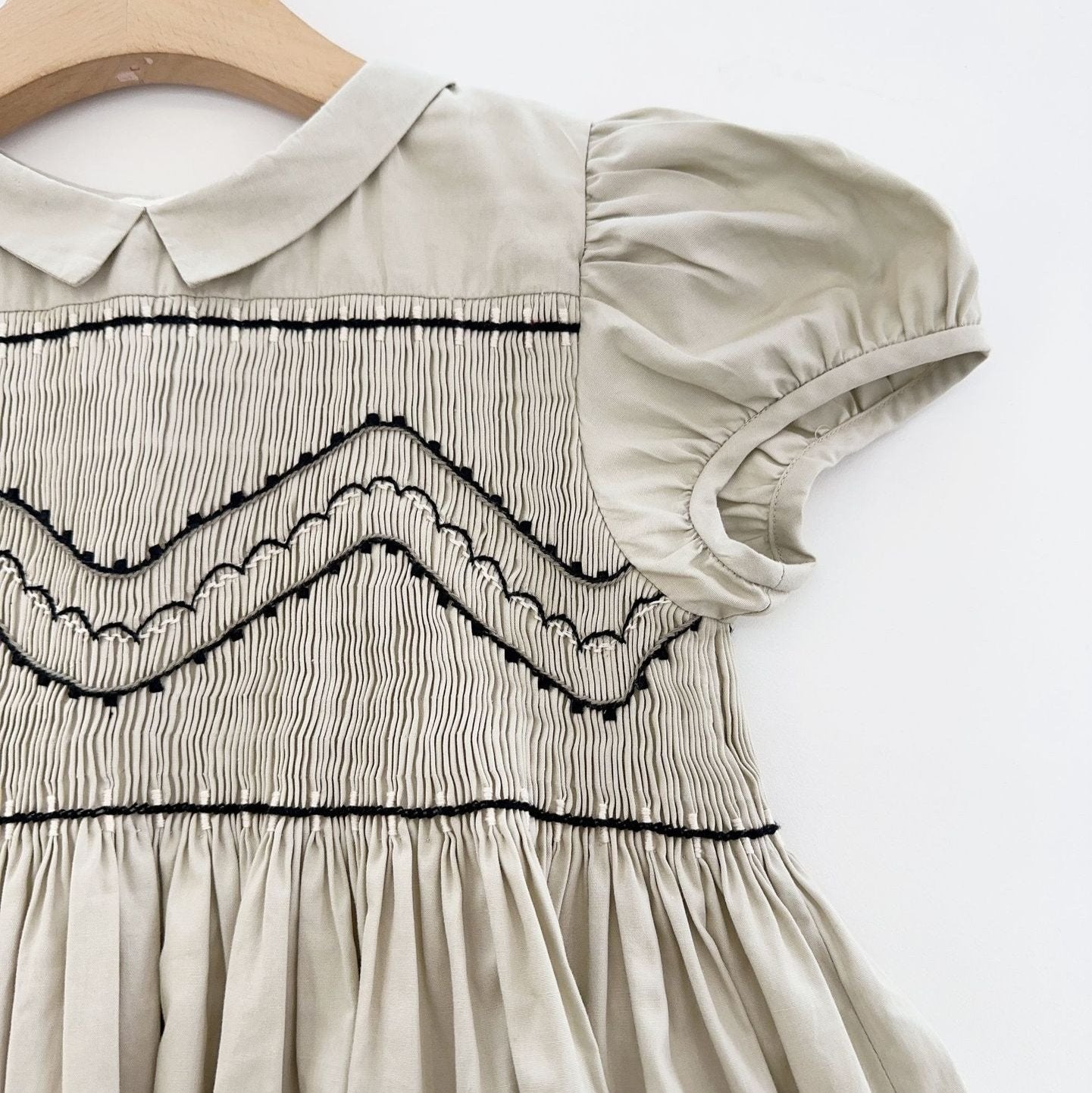 Hand-Smocked Beige Dress with Elegant Embroidery,3T-10T
