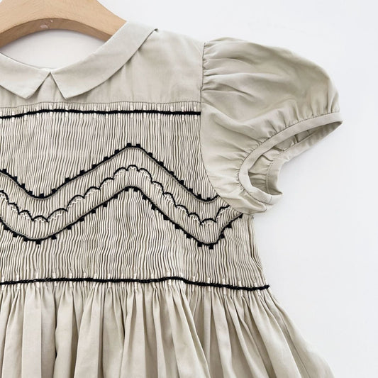 Hand-Smocked Beige Dress with Elegant Embroidery,3T-10T