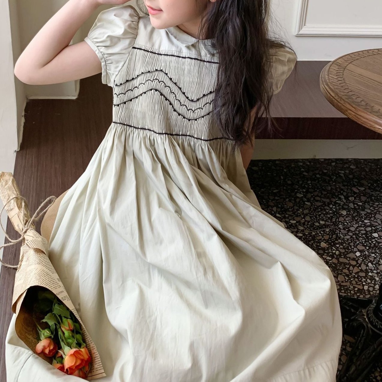 Hand-Smocked Beige Dress with Elegant Embroidery,3T-10T