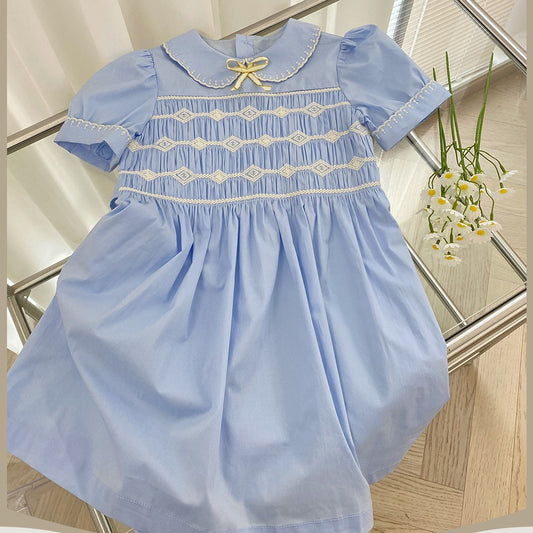 Classic Blue Embroidered Dress,4T to 10T.