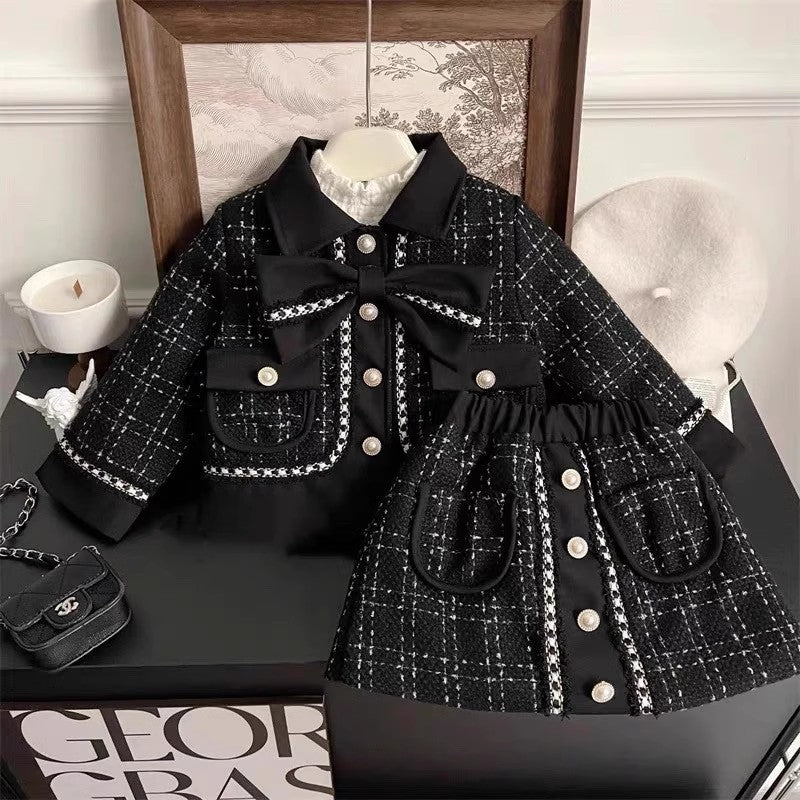 Elegant Black Tweed Coat and Skirt Set,2T-7T