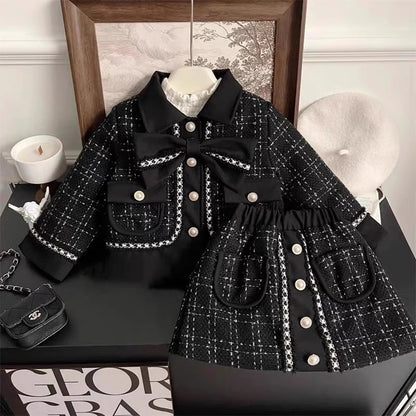 Elegant Black Tweed Coat and Skirt Set,2T-7T