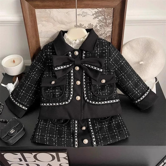 Elegant Black Tweed Coat and Skirt Set,2T-7T