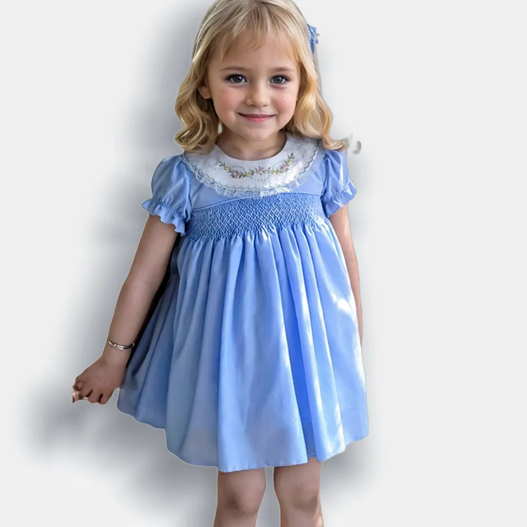 Hand-Smocked Blue Heirloom Dress for Girls,12M–6T