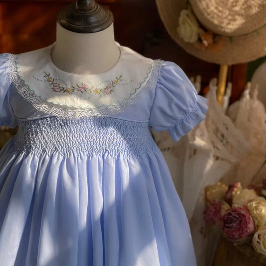 Hand-Smocked Blue Heirloom Dress for Girls,12M–6T