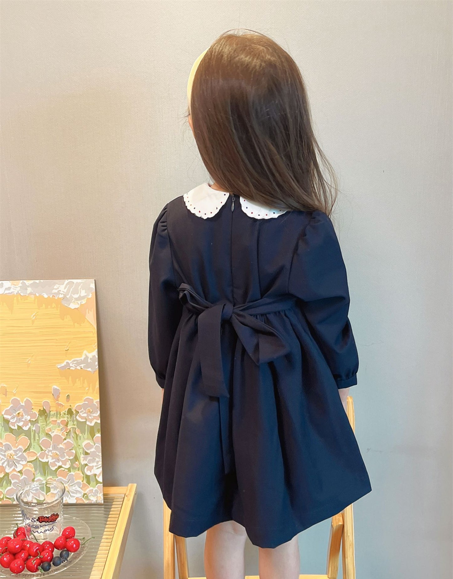 Navy Blue Carriage Embroidered Fall Dress,2T-7T