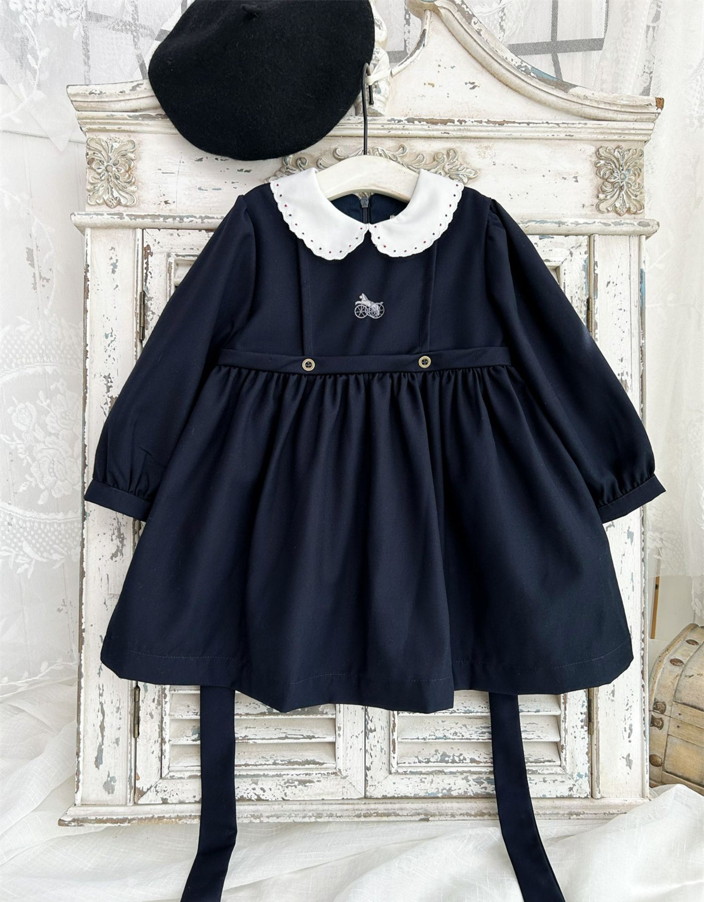 Navy Blue Carriage Embroidered Fall Dress,2T-7T